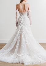 Long Sleeves Tulle Mermaid Low Back Wedding Dresses with Appliques