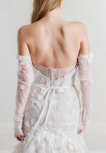 Long Sleeves Tulle Mermaid Low Back Wedding Dresses with Appliques