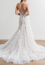 Long Sleeves Tulle Mermaid Low Back Wedding Dresses with Appliques