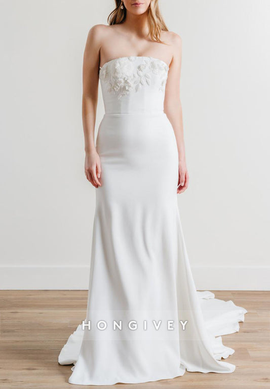 Strapless Court Train Low Back Trumpet Wedding Dresses with Appliques