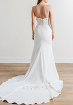 Strapless Court Train Low Back Trumpet Wedding Dresses with Appliques