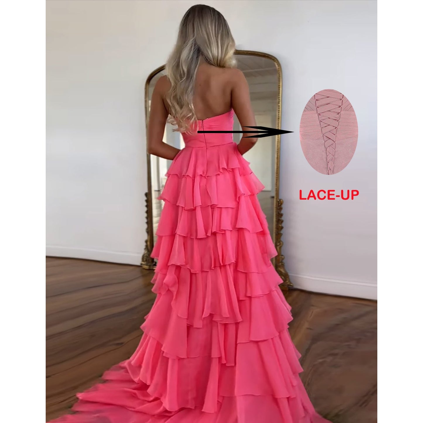A Line Chiffon Prom Dresses for Women Strapless Tiere Ruffled Evening Party Dresses