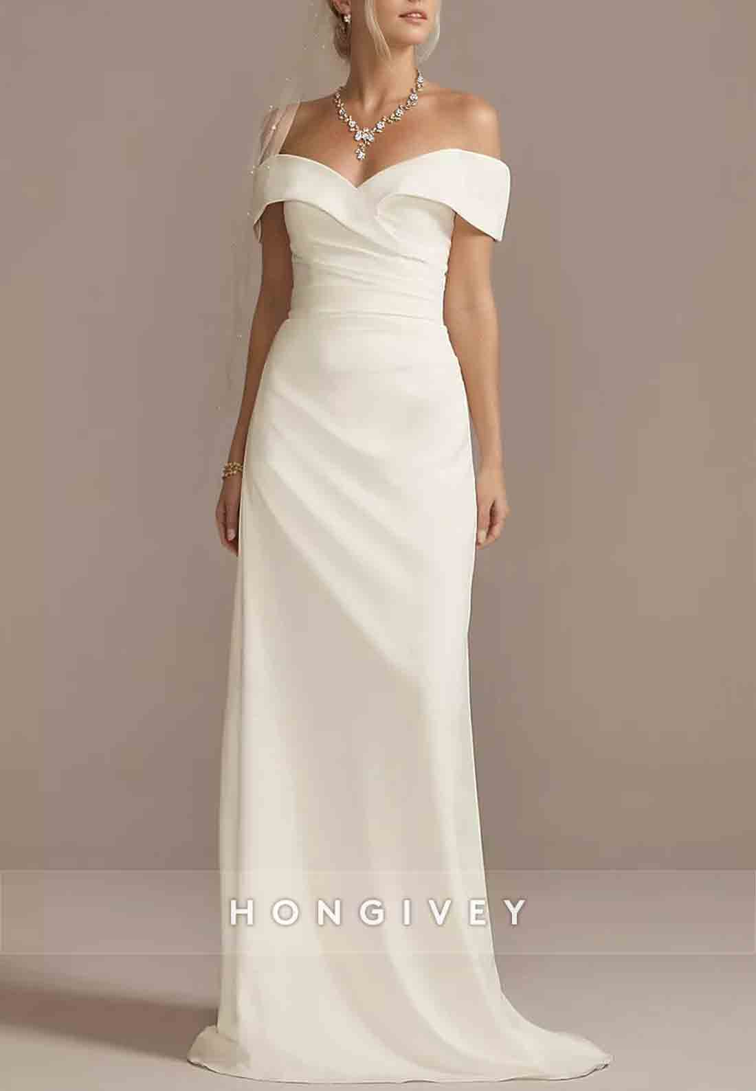 Simple Off the Shoulder V Back Column Pleated Wedding Dresses