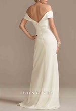 Simple Off the Shoulder V Back Column Pleated Wedding Dresses
