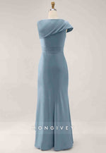 Asymmetrical Wedding Guest Dresses Cap Sleeves Pleated Maxi Mother of Bride Dresses