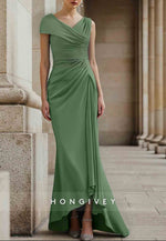 Asymmetrical Wedding Guest Dresses Cap Sleeves Pleated Maxi Mother of Bride Dresses