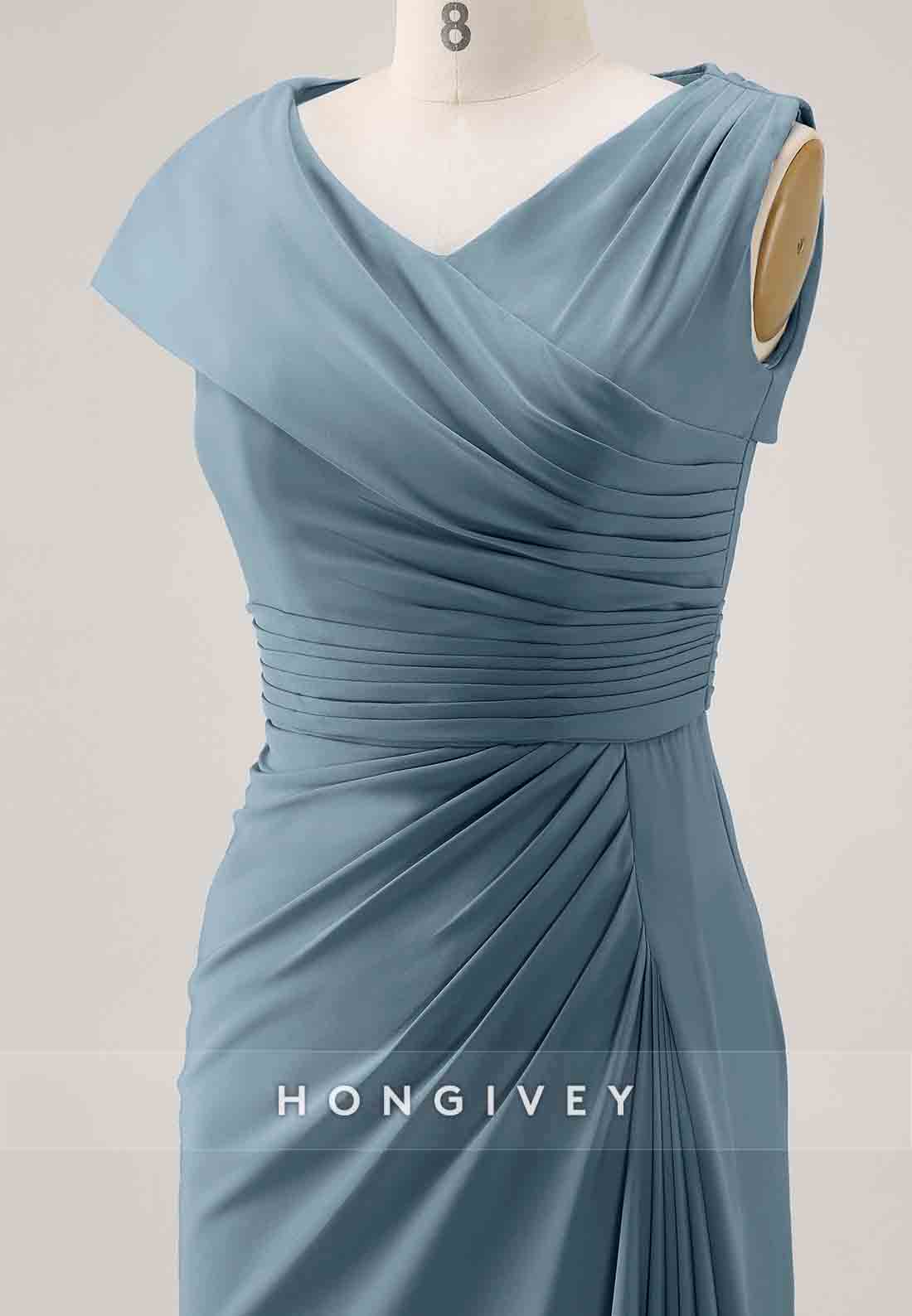 Asymmetrical Wedding Guest Dresses Cap Sleeves Pleated Maxi Mother of Bride Dresses