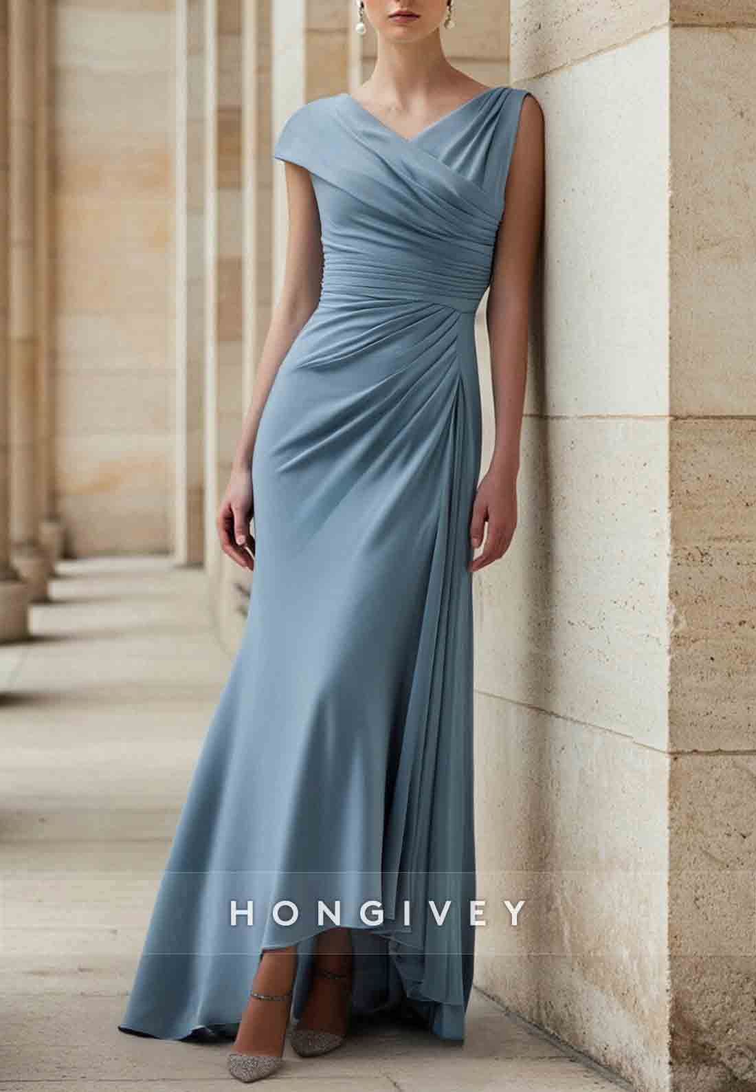 Asymmetrical Wedding Guest Dresses Cap Sleeves Pleated Maxi Mother of Bride Dresses