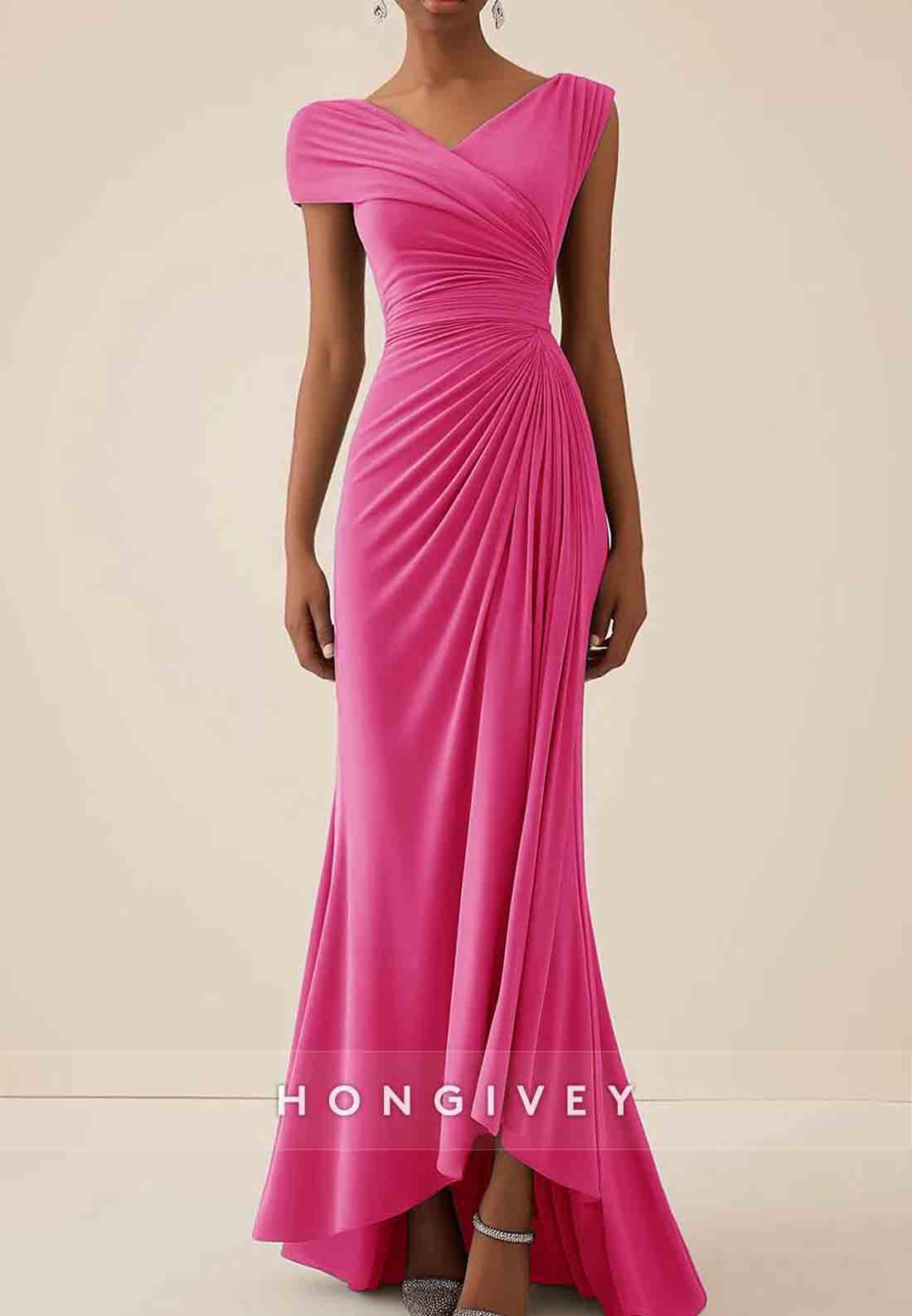 Asymmetrical Wedding Guest Dresses Cap Sleeves Pleated Maxi Mother of Bride Dresses