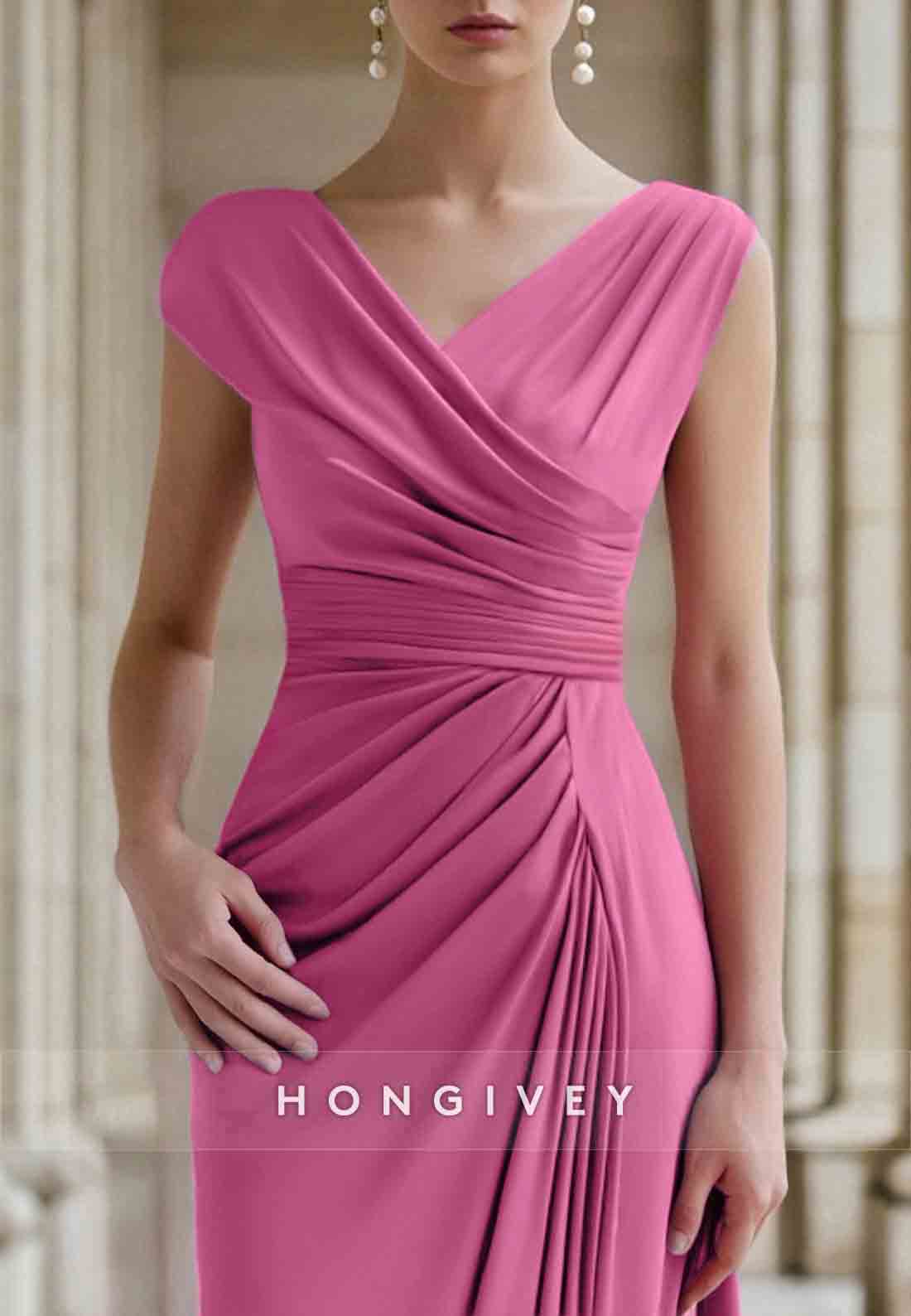 Asymmetrical Wedding Guest Dresses Cap Sleeves Pleated Maxi Mother of Bride Dresses