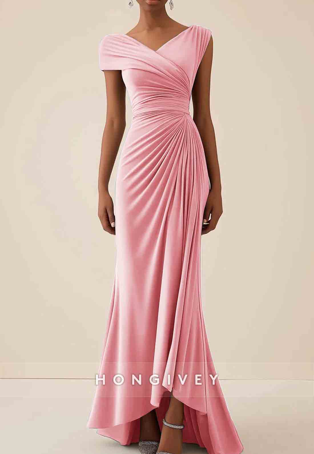 Asymmetrical Wedding Guest Dresses Cap Sleeves Pleated Maxi Mother of Bride Dresses