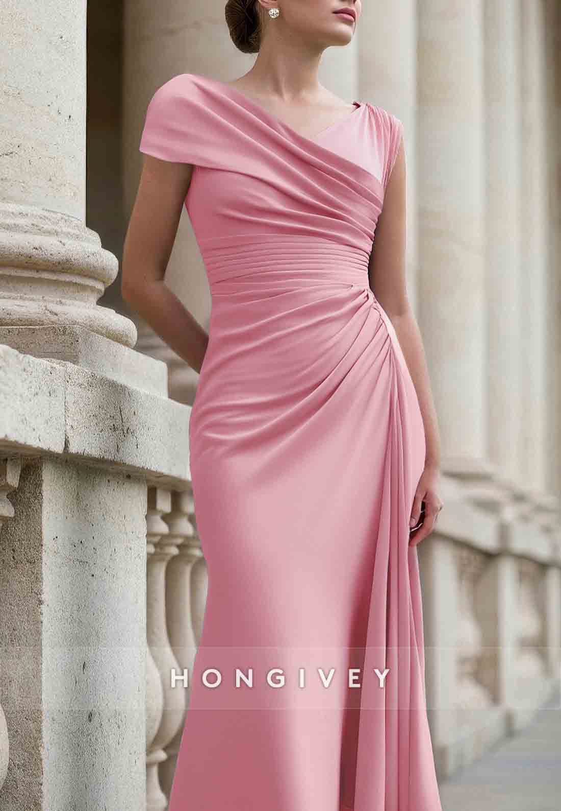 Asymmetrical Wedding Guest Dresses Cap Sleeves Pleated Maxi Mother of Bride Dresses