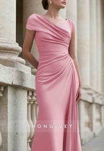 Asymmetrical Wedding Guest Dresses Cap Sleeves Pleated Maxi Mother of Bride Dresses