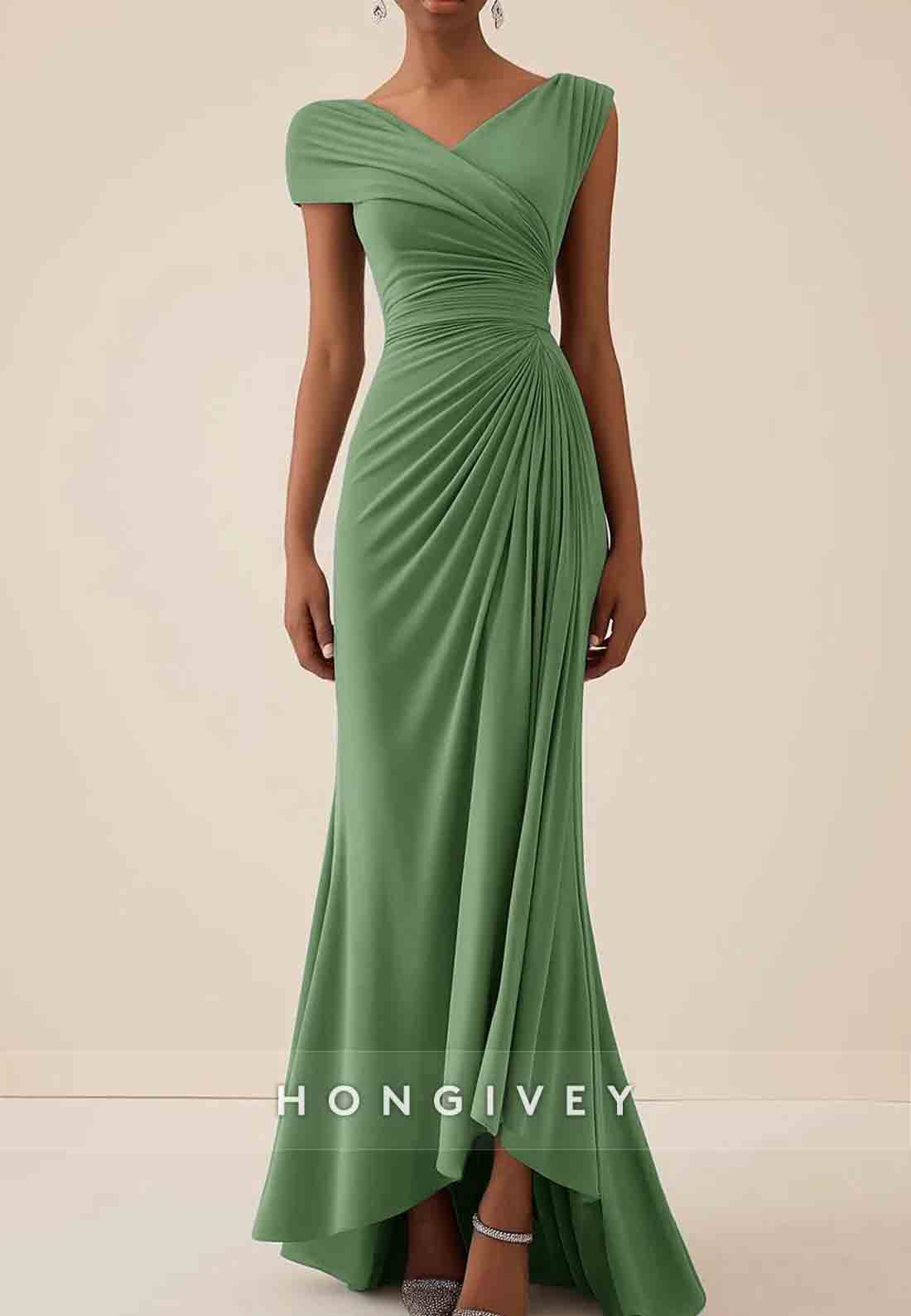 Asymmetrical Wedding Guest Dresses Cap Sleeves Pleated Maxi Mother of Bride Dresses