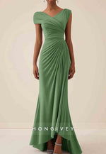 Asymmetrical Wedding Guest Dresses Cap Sleeves Pleated Maxi Mother of Bride Dresses