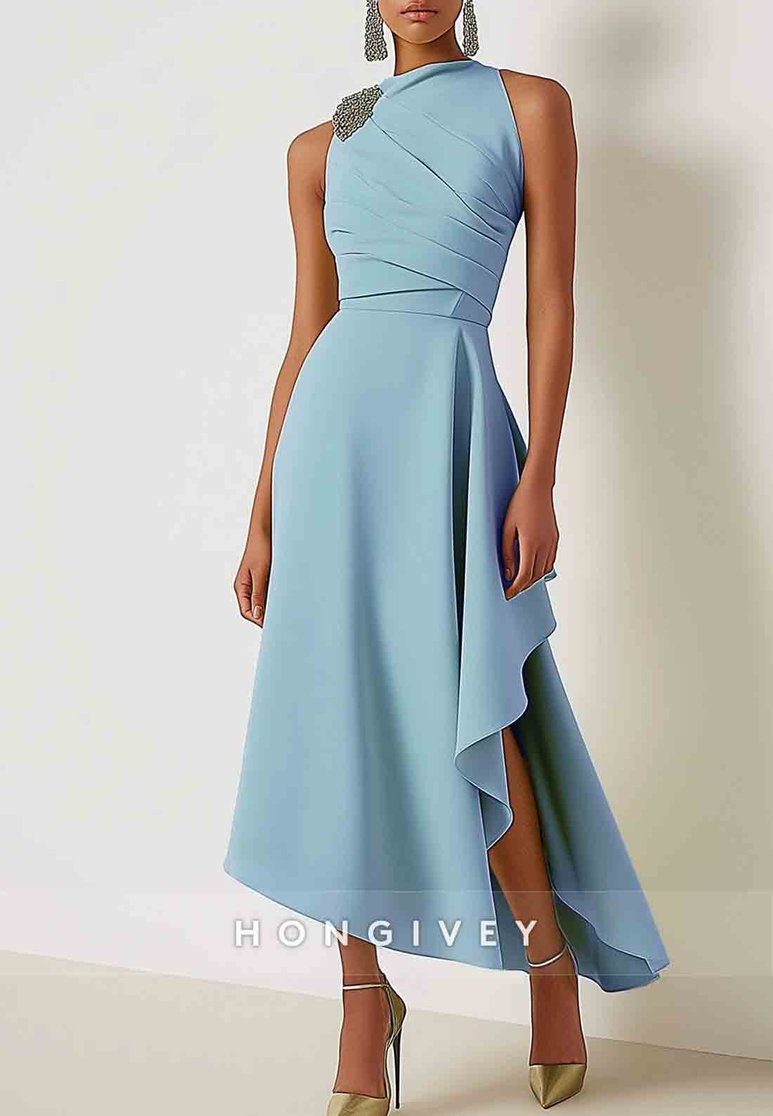 Knee-Length Sleeveless Wedding Guest Party Dress Sage Green Cocktail Party Dress