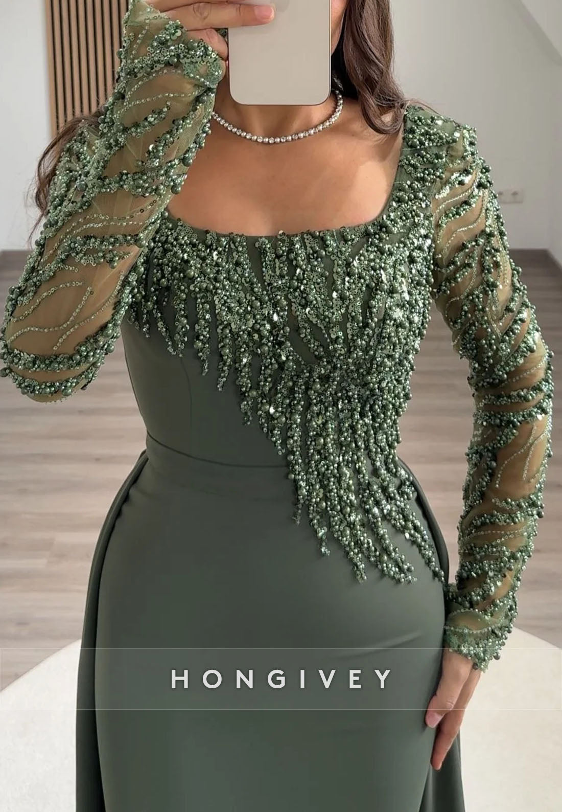 Column Square Neck Long Sleeves Detachable Evening Gown with Beading