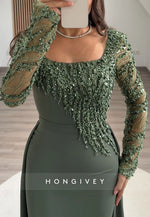 Column Square Neck Long Sleeves Detachable Evening Gown with Beading