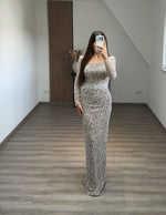 Sheath Long Sleeve Bateau Neck Evening Gown with Pearls and Beading