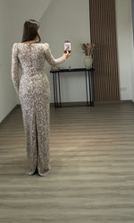 Sheath Long Sleeve Bateau Neck Evening Gown with Pearls and Beading