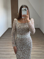 Sheath Long Sleeve Bateau Neck Evening Gown with Pearls and Beading