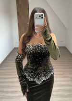 Strapless Velvet Dark Green Corset Mermaid Evening Gown with Rhinestone