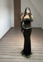 Strapless Velvet Dark Green Corset Mermaid Evening Gown with Rhinestone