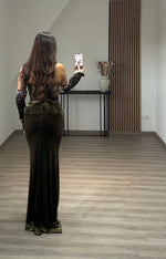 Strapless Velvet Dark Green Corset Mermaid Evening Gown with Rhinestone