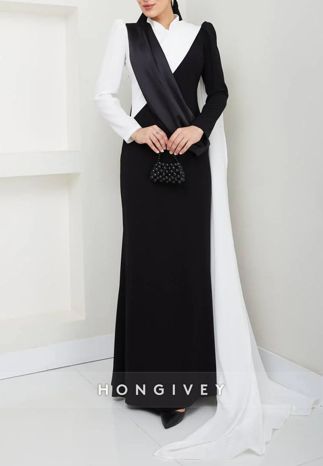 Black and White Long Sleeves High Neck Side Draping Trumpet Evening Gowns