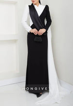 Black and White Long Sleeves High Neck Side Draping Trumpet Evening Gowns