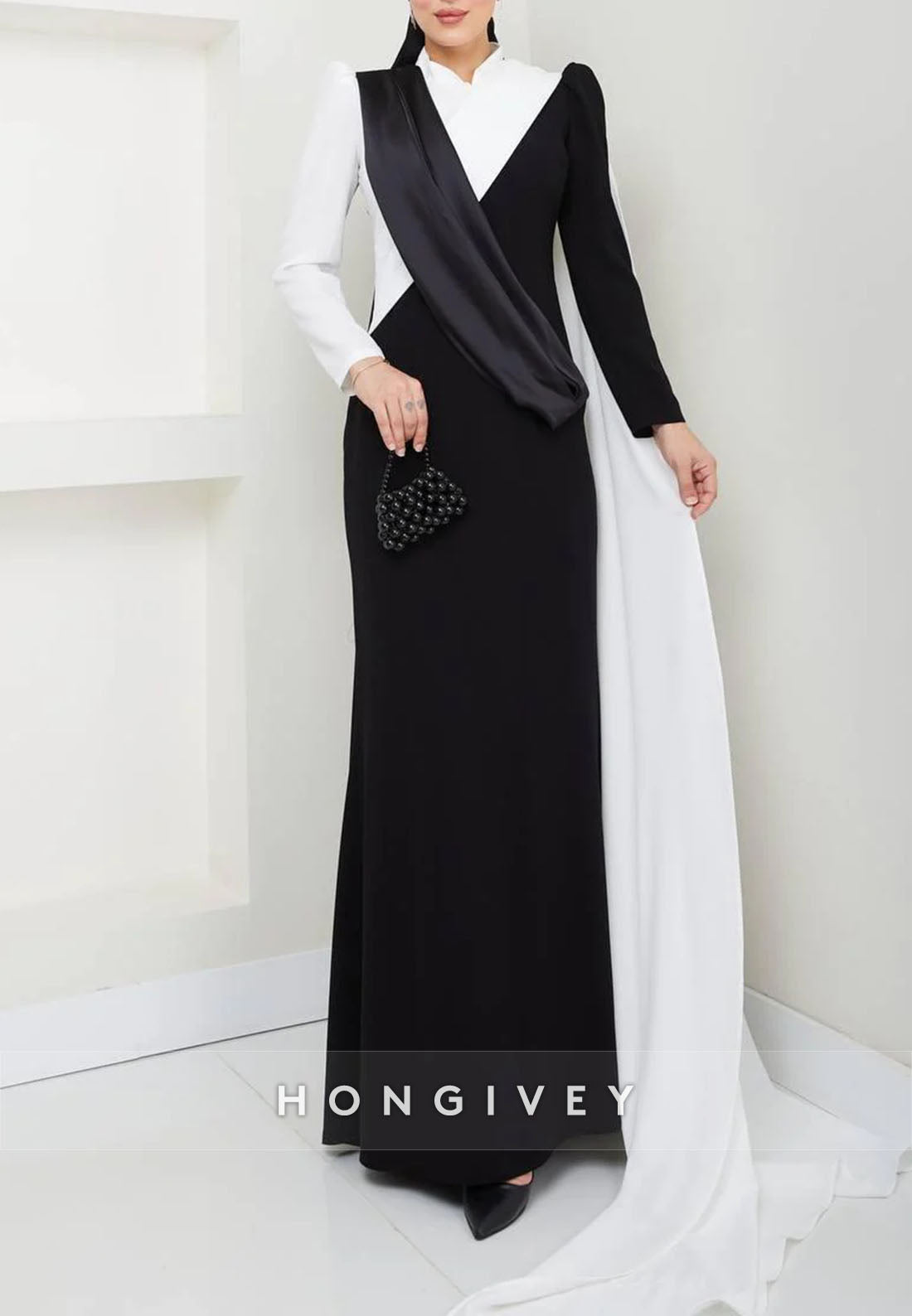 Black and White Long Sleeves High Neck Side Draping Trumpet Evening Gowns