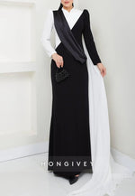 Black and White Long Sleeves High Neck Side Draping Trumpet Evening Gowns