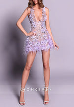 Gorgeous Low V-Neck Sheath Mini Homecoming Dress with Appliques and Feather