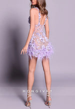 Gorgeous Low V-Neck Sheath Mini Homecoming Dress with Appliques and Feather
