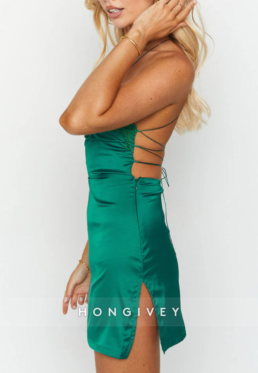 Spaghetti Straps Satin Emerald Crisscross Back Mini Homecoming Dress with Lace