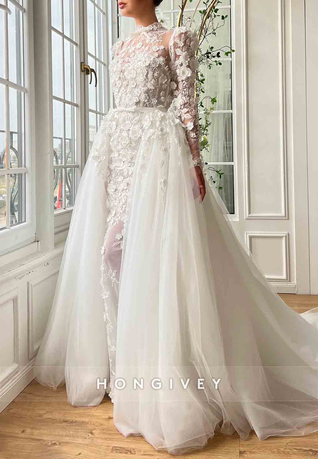 White A-Line Tulle High Neck Bridal Gown with Long Sleeves and Embroidery