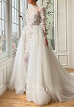 White A-Line Tulle High Neck Bridal Gown with Long Sleeves and Embroidery
