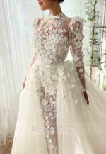 White A-Line Tulle High Neck Bridal Gown with Long Sleeves and Embroidery