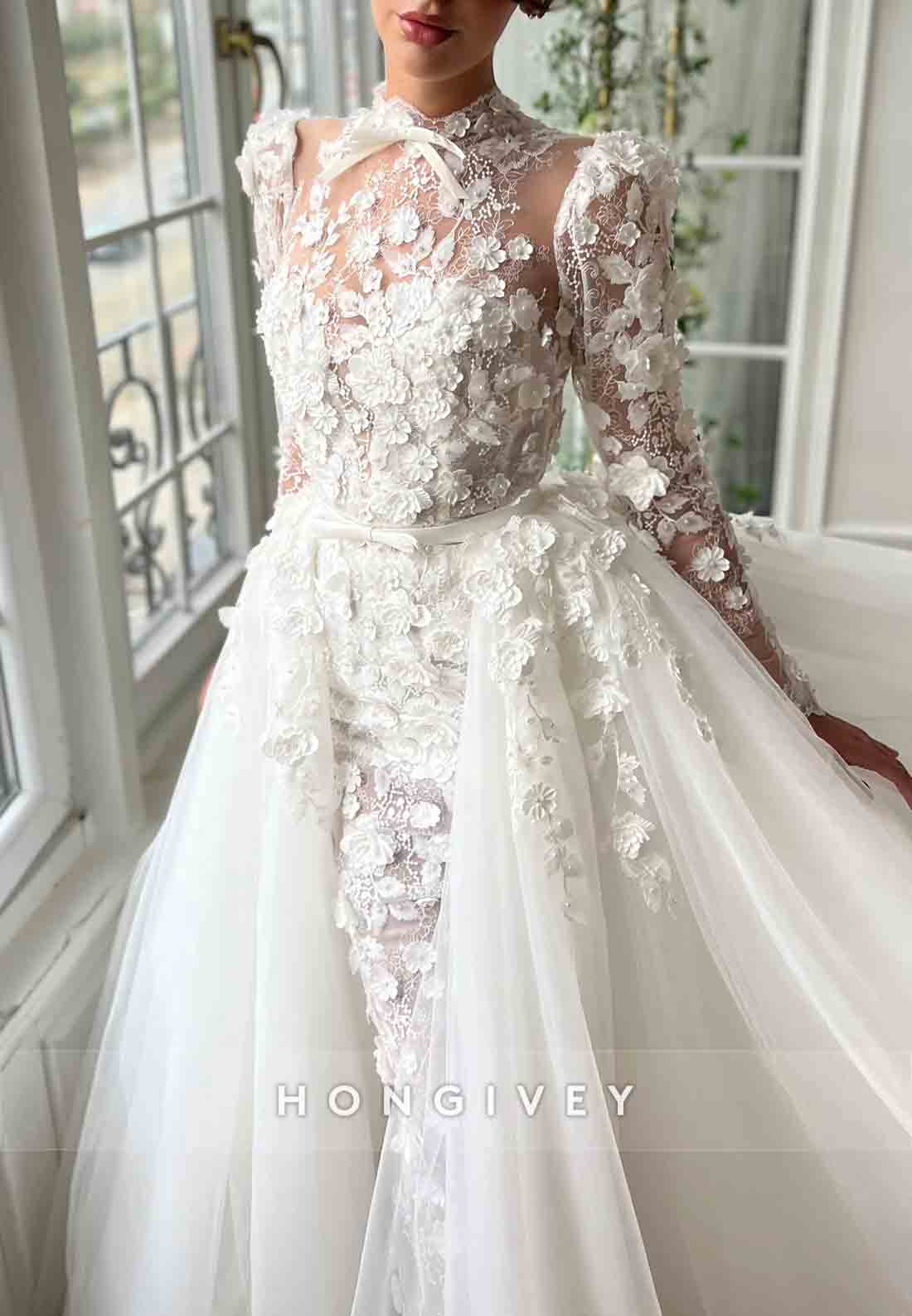 White A-Line Tulle High Neck Bridal Gown with Long Sleeves and Embroidery