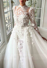 White A-Line Tulle High Neck Bridal Gown with Long Sleeves and Embroidery