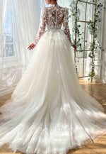 White A-Line Tulle High Neck Bridal Gown with Long Sleeves and Embroidery