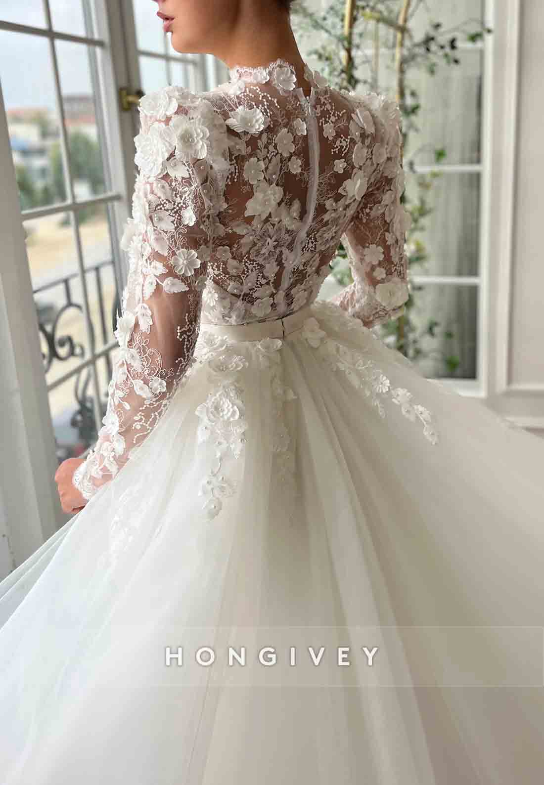 White A-Line Tulle High Neck Bridal Gown with Long Sleeves and Embroidery