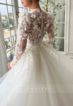 White A-Line Tulle High Neck Bridal Gown with Long Sleeves and Embroidery