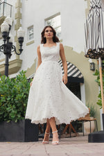 Square Neck Sleeveless A-Line Tea-Lenght Wedding Dress