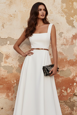 White Lace Classic Square Neck Sleeveless A-Line Evening Dress