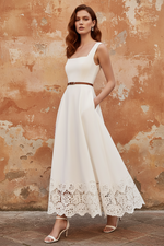 White Lace Classic Square Neck Sleeveless A-Line Evening Dress