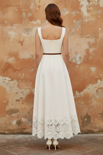 White Lace Classic Square Neck Sleeveless A-Line Evening Dress