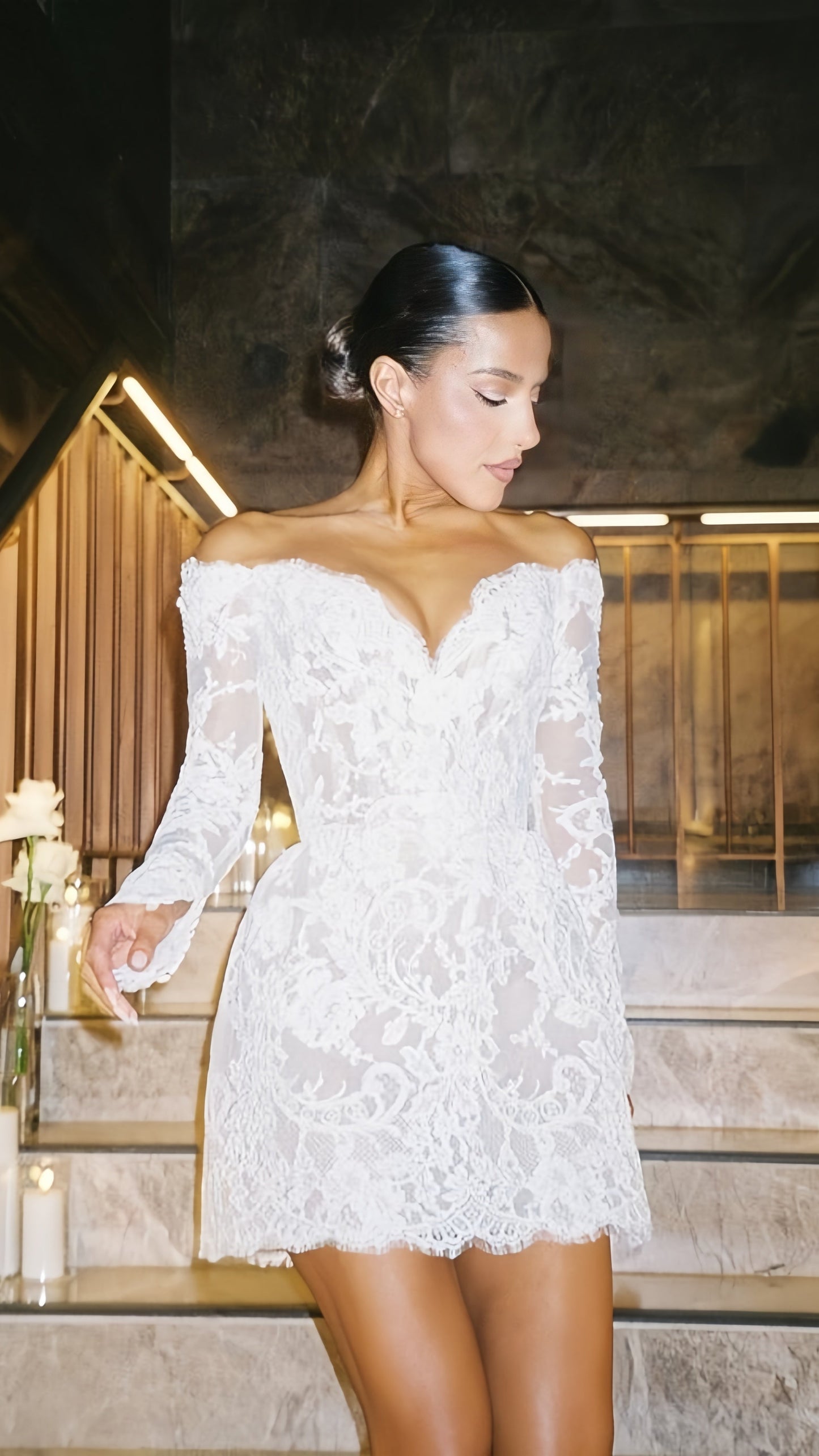 White Lace Bridal Dresses Long Sleeves Mini Wedding Gown
