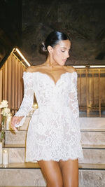 White Lace Bridal Dresses Long Sleeves Mini Wedding Gown