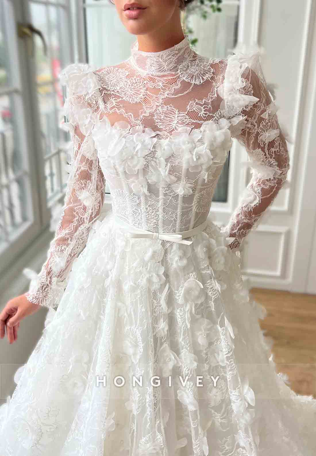 White Appliqued High Neck Bridal A-Line Gown with Long Sleeves and Embroidery